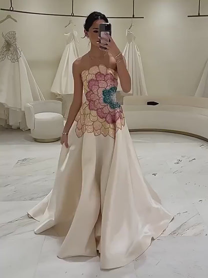 Ivory Strapless Evening Gown with Sheer Beaded Long Sleeves, Butterfly Crystal Bodice & Satin A-Line Skirt – 26020