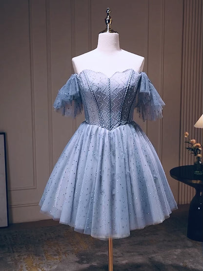 Dusty Blue Beaded Lace Homecoming Dress Off the Shoulder Graduation Dress hc312