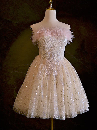 Champagne Strapless Feather Homecoming Dress Beaded Sequin Graduation Dress hc308