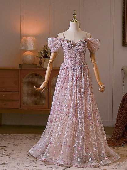Blush Pink Floral Sequin Formal Dress with Off-Shoulder Bow Sleeves - 26131