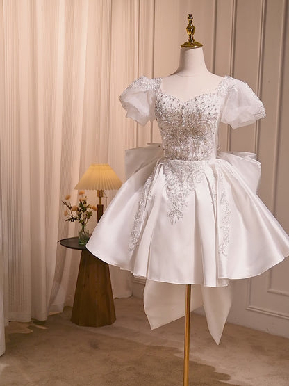 Ivory Beaded Lace Bow-Tie Homecoming Dress Puffed Sleeve Short Prom Dress hc303
