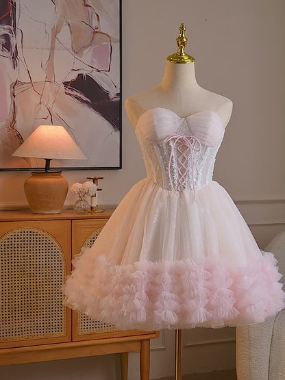 Dreamy Lace Corset Homecoming Dress with Ruffle Hem Tulle Skirt & Lace-Up Back - HC509