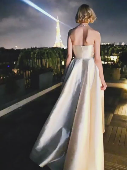 Ivory Strapless Satin A-Line Evening Gown with Butterfly-Inspired Crystal Beaded Bodice – 26019