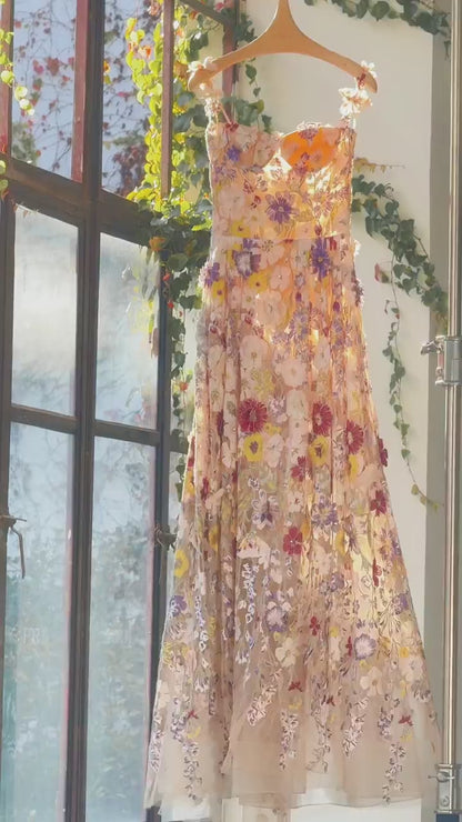 Garden-Inspired Floral Formal Dress with 3D Appliqué, Sheer Bodice and A-Line Skirt – F003