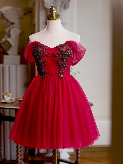 Red Beaded Lace Homecoming Dress Off the Shoulder Graduation Dress hc327