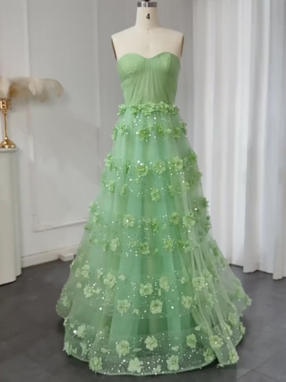 Mint Green Convertible Strapless A-Line Evening Gown with 3D Floral Appliqué & Sparkly Tulle Skirt – 26018