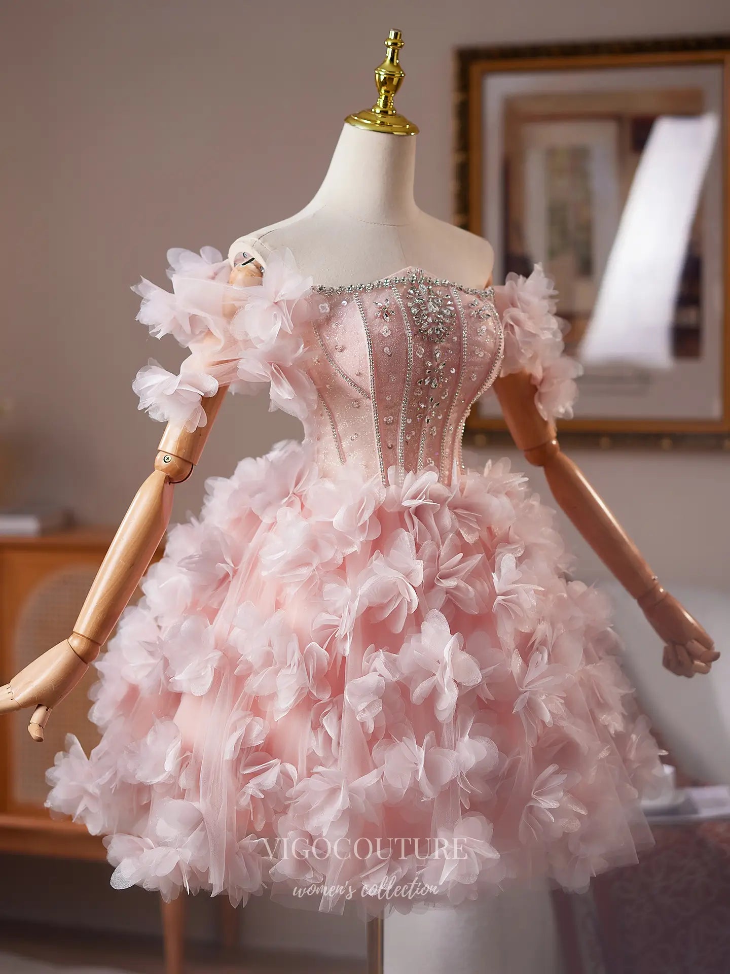 Prom Dresses 2025 to impress Blush Pink Off-Shoulder Homecoming Dress with Beaded Corset Bodice & 3D Floral Tulle Skirt – HC482-vigocouture-vigocouture