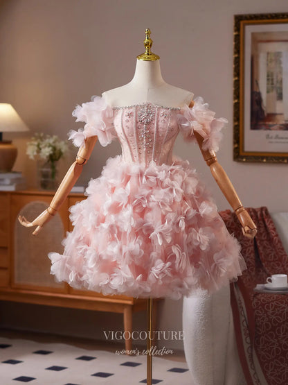 Prom Dresses 2025 to impress Blush Pink Off-Shoulder Homecoming Dress with Beaded Corset Bodice & 3D Floral Tulle Skirt – HC482-vigocouture-vigocouture