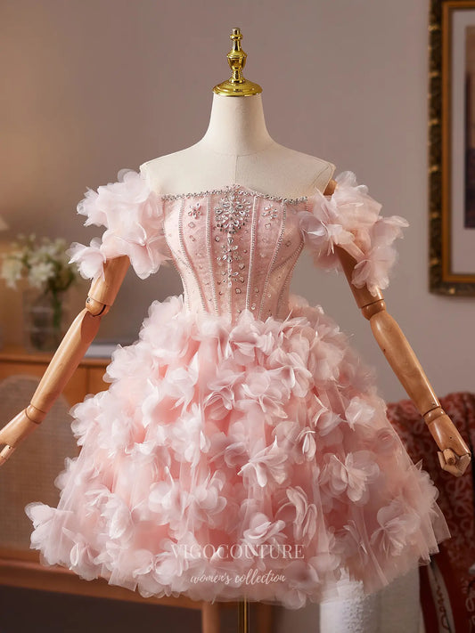 Blush Pink Off-Shoulder Homecoming Dress with Beaded Corset Bodice & 3D Floral Tulle Skirt – HC482