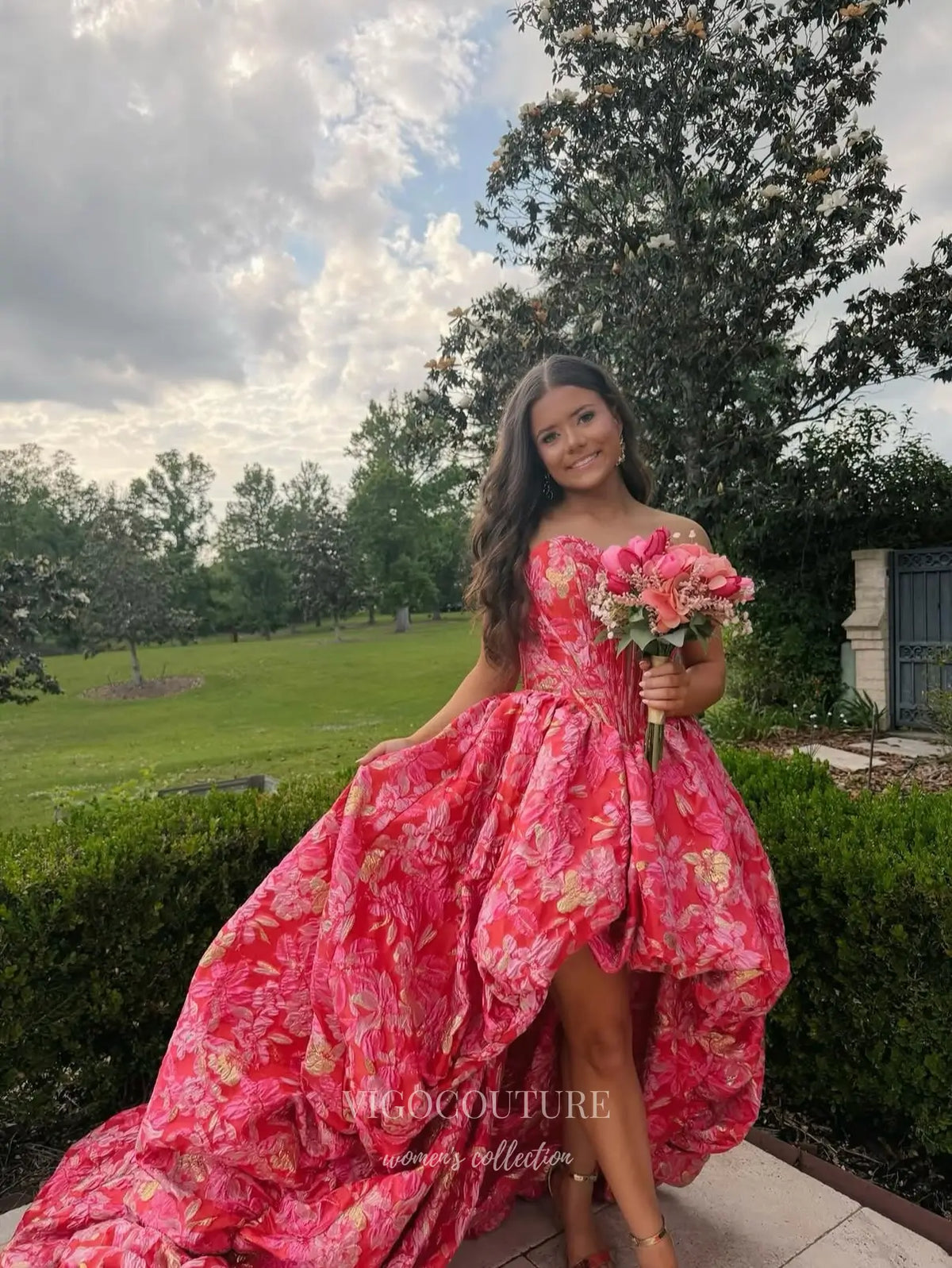 Prom Dresses 2025 to impress Coral Pink Floral Strapless Corset Prom Dress with Gold Accents and High-Low Bubble Skirt - P26085-vigocouture-vigocouture
