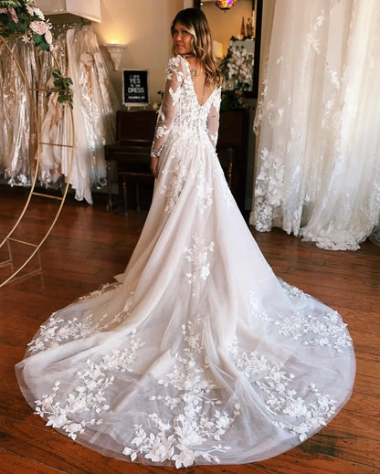 Wedding Dresses 2025 to impress Elegant Floral Lace A-Line Wedding Dress with Sheer Long Sleeves, Sparkly Tulle Skirt & Chapel Train – W2647-vigocouture-vigocouture