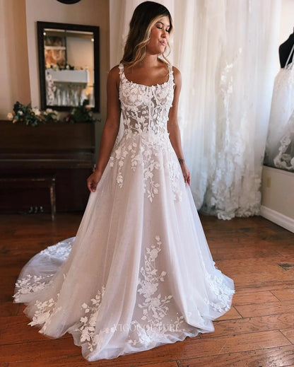 Wedding Dresses 2025 to impress Elegant Floral Lace A-Line Wedding Dress with Sheer Long Sleeves, Sparkly Tulle Skirt & Chapel Train – W2647-vigocouture-vigocouture