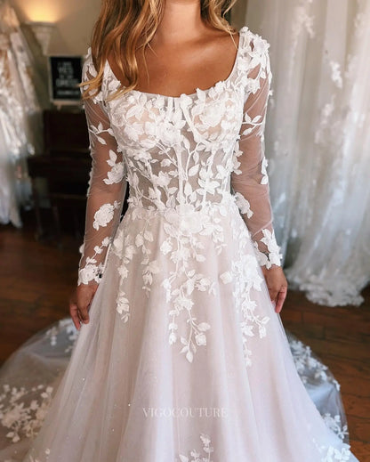 Wedding Dresses 2025 to impress Elegant Floral Lace A-Line Wedding Dress with Sheer Long Sleeves, Sparkly Tulle Skirt & Chapel Train – W2647-vigocouture-vigocouture