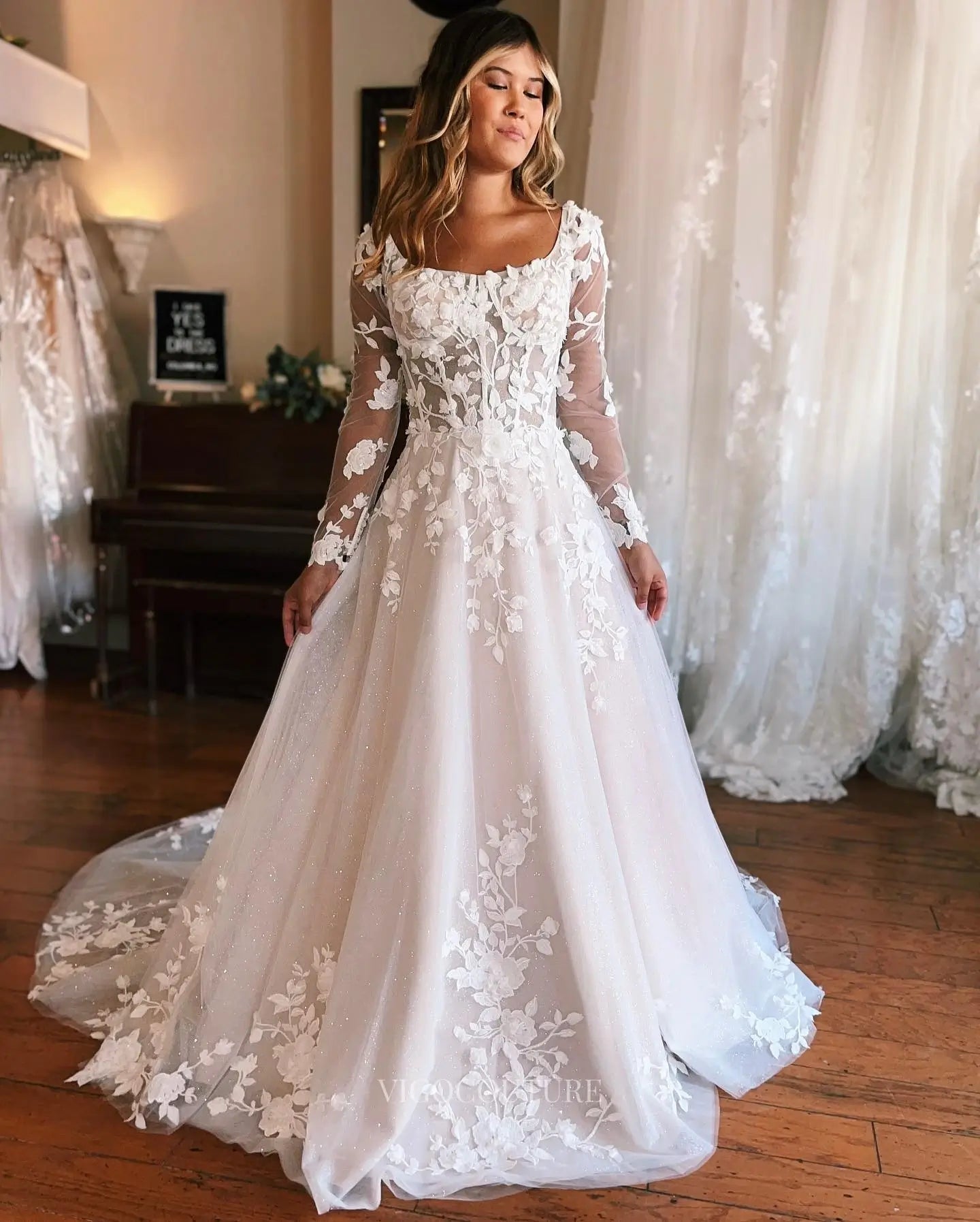Elegant Floral Lace A-Line Wedding Dress with Sheer Long Sleeves, Sparkly Tulle Skirt & Chapel Train – W2647