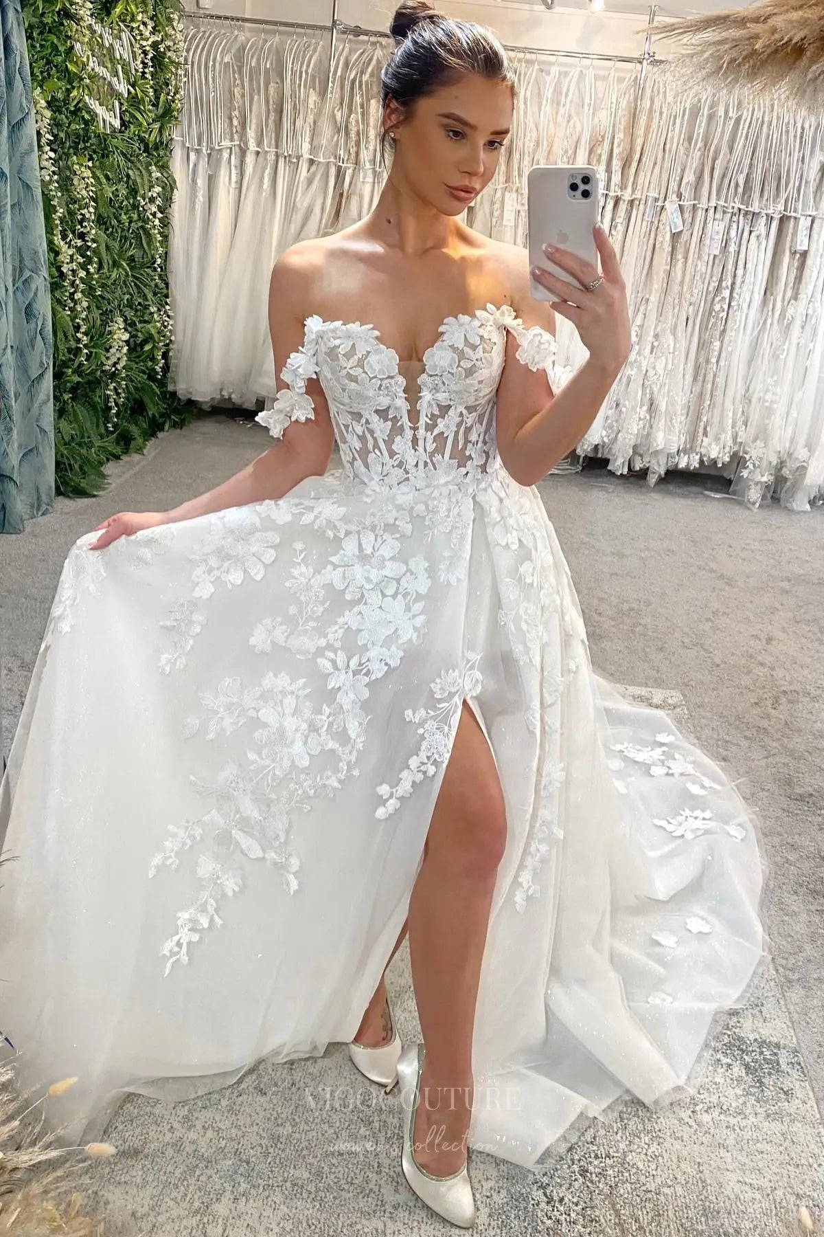 Ivory Off-Shoulder 3D Floral Lace Ball Gown Wedding Dress with Sheer Corset Bodice and Thigh-High Slit – W2243