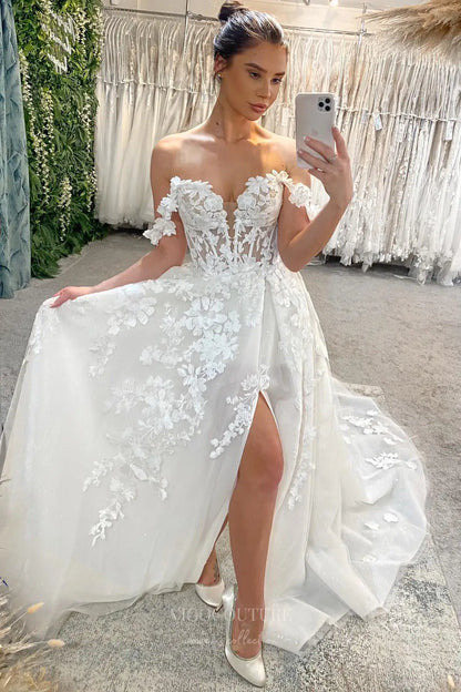 Ivory Off-Shoulder 3D Floral Lace Ball Gown Wedding Dress with Sheer Corset Bodice and Thigh-High Slit – W2243
