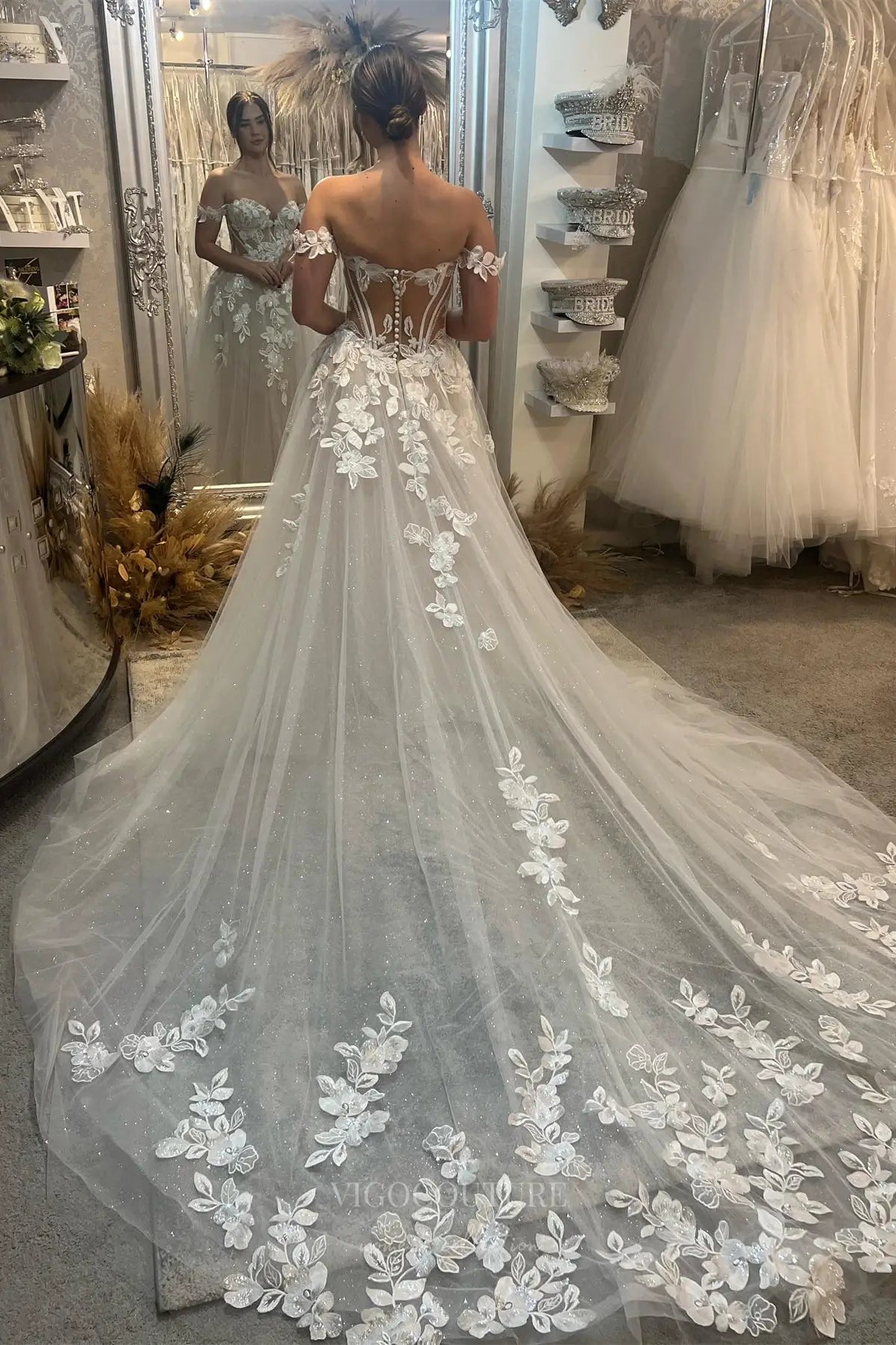 Wedding Dresses 2025 to impress Ivory Off-Shoulder Floral Appliqué A-Line Wedding Dress with Sheer Corset Bodice and Sparkle Tulle Train – W2244-vigocouture-vigocouture