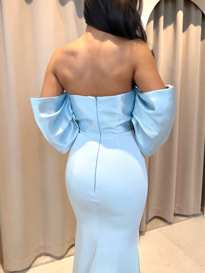 Prom Dresses 2025 to impress Light Blue Off-Shoulder Satin Mermaid Prom Dress with Sculptural Draped Sleeves - P26052-vigocouture-vigocouture