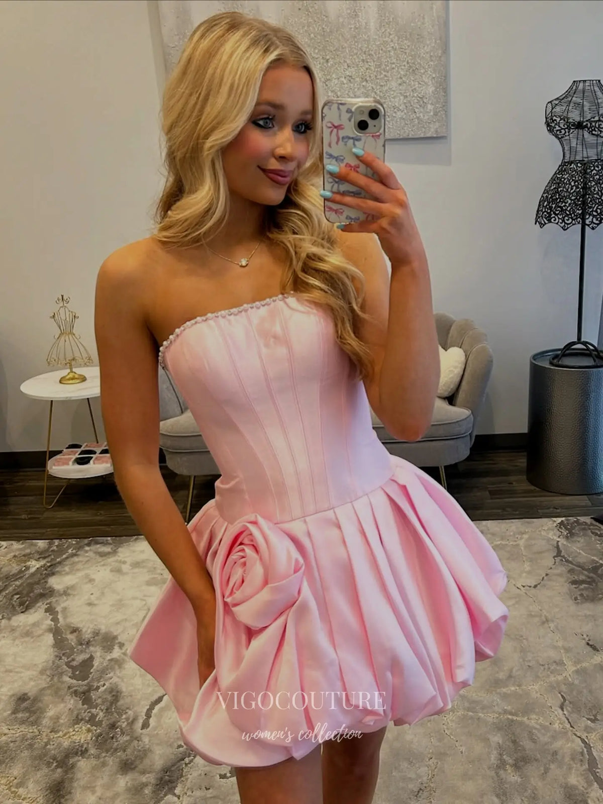 Prom Dresses 2025 to impress Pink Strapless Corset Short Prom Dress with 3D Rose and Bubble Hem - P26072-vigocouture-vigocouture