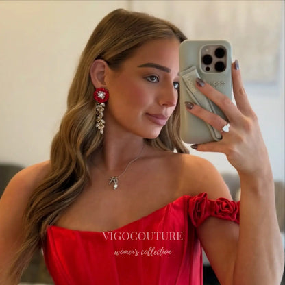 Prom Dresses 2025 to impress Scarlet Red Satin Corset Prom Dress with Floral Off-Shoulder Strap, Tiered Ruffles and Thigh-High Slit - P26083-vigocouture-vigocouture