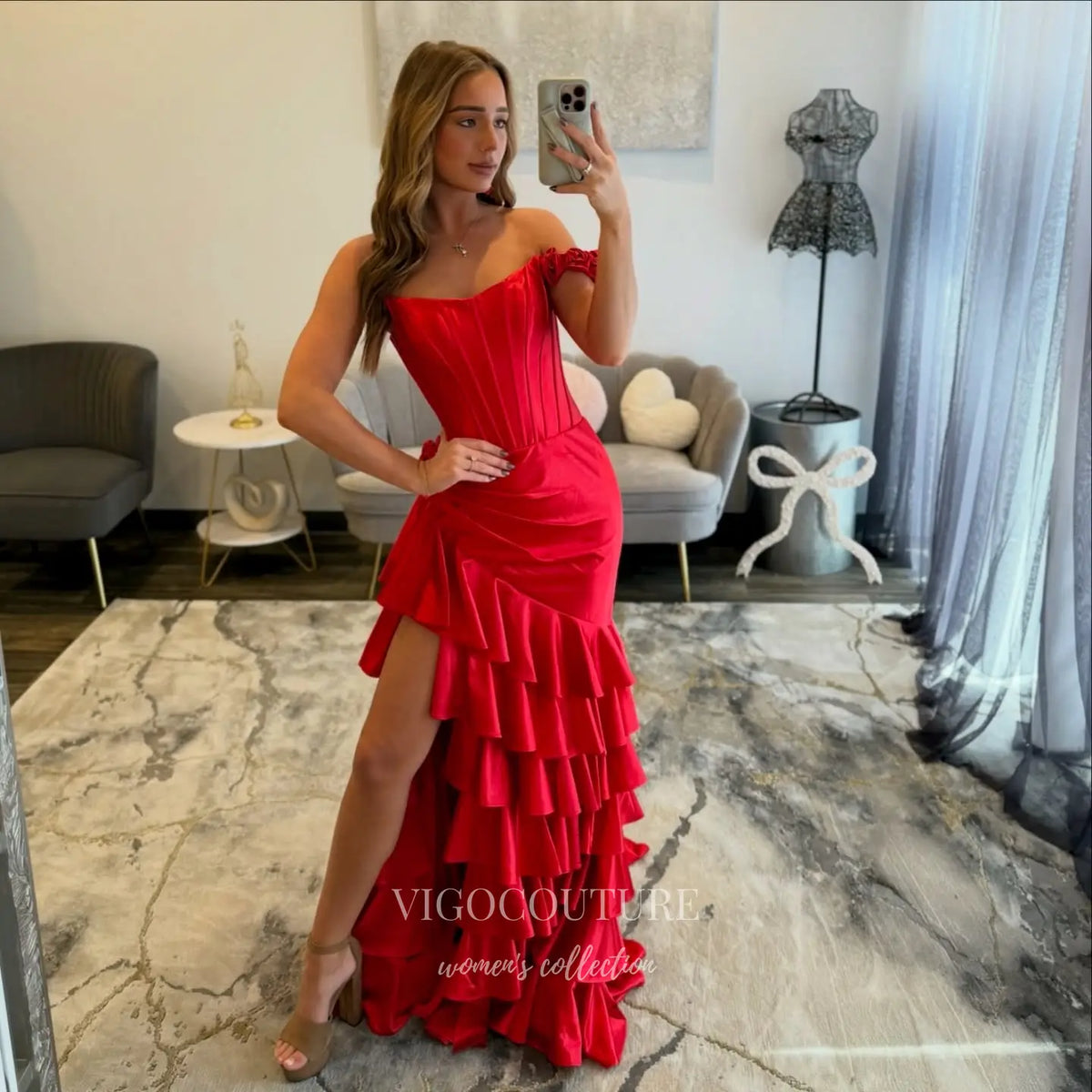 Prom Dresses 2025 to impress Scarlet Red Satin Corset Prom Dress with Floral Off-Shoulder Strap, Tiered Ruffles and Thigh-High Slit - P26083-vigocouture-vigocouture