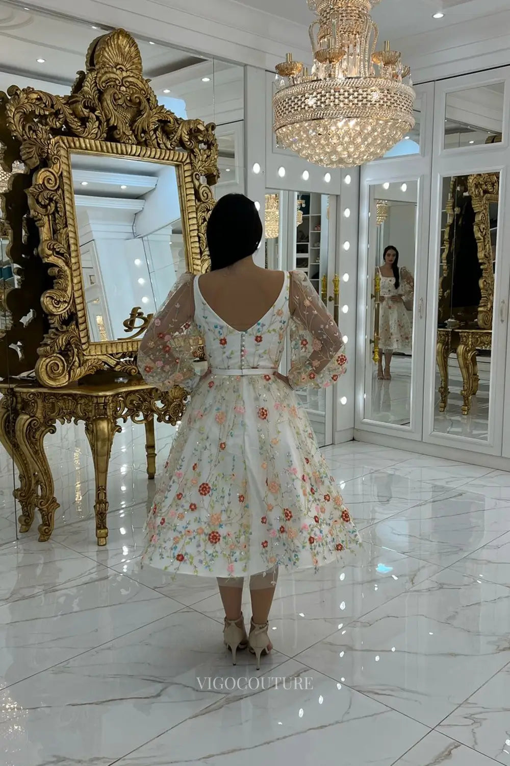 Wedding Dresses 2025 to impress Whimsical Floral Embroidered Short Wedding Dress with Square Neckline, A-Line Tea-Length Skirt & Removable Puff Sleeves – W2644-vigocouture-vigocouture