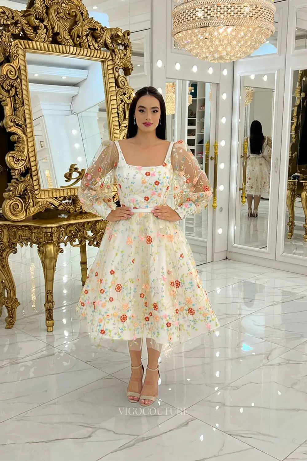 Wedding Dresses 2025 to impress Whimsical Floral Embroidered Short Wedding Dress with Square Neckline, A-Line Tea-Length Skirt & Removable Puff Sleeves – W2644-vigocouture-vigocouture