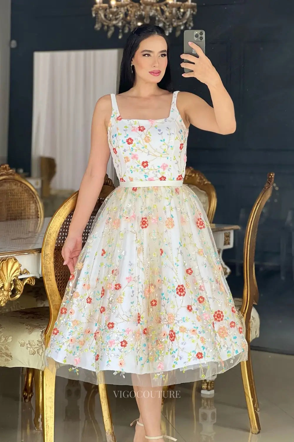 Wedding Dresses 2025 to impress Whimsical Floral Embroidered Short Wedding Dress with Square Neckline, A-Line Tea-Length Skirt & Removable Puff Sleeves – W2644-vigocouture-vigocouture