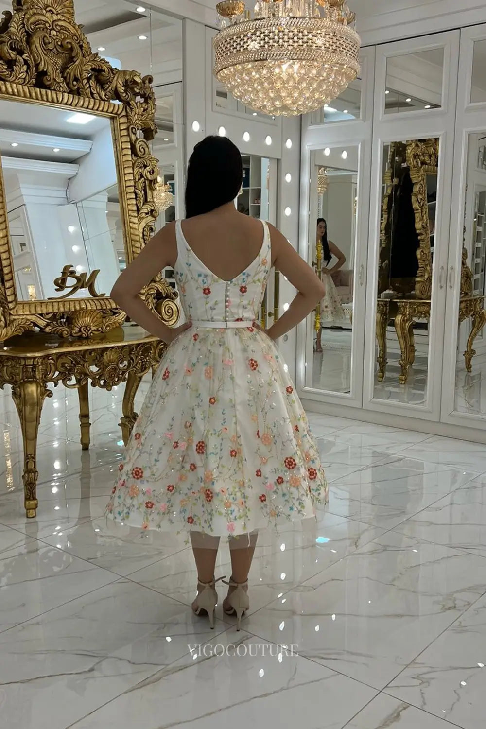 Wedding Dresses 2025 to impress Whimsical Floral Embroidered Short Wedding Dress with Square Neckline, A-Line Tea-Length Skirt & Removable Puff Sleeves – W2644-vigocouture-vigocouture