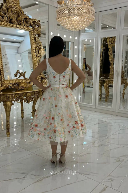 Wedding Dresses 2025 to impress Whimsical Floral Embroidered Short Wedding Dress with Square Neckline, A-Line Tea-Length Skirt & Removable Puff Sleeves – W2644-vigocouture-vigocouture