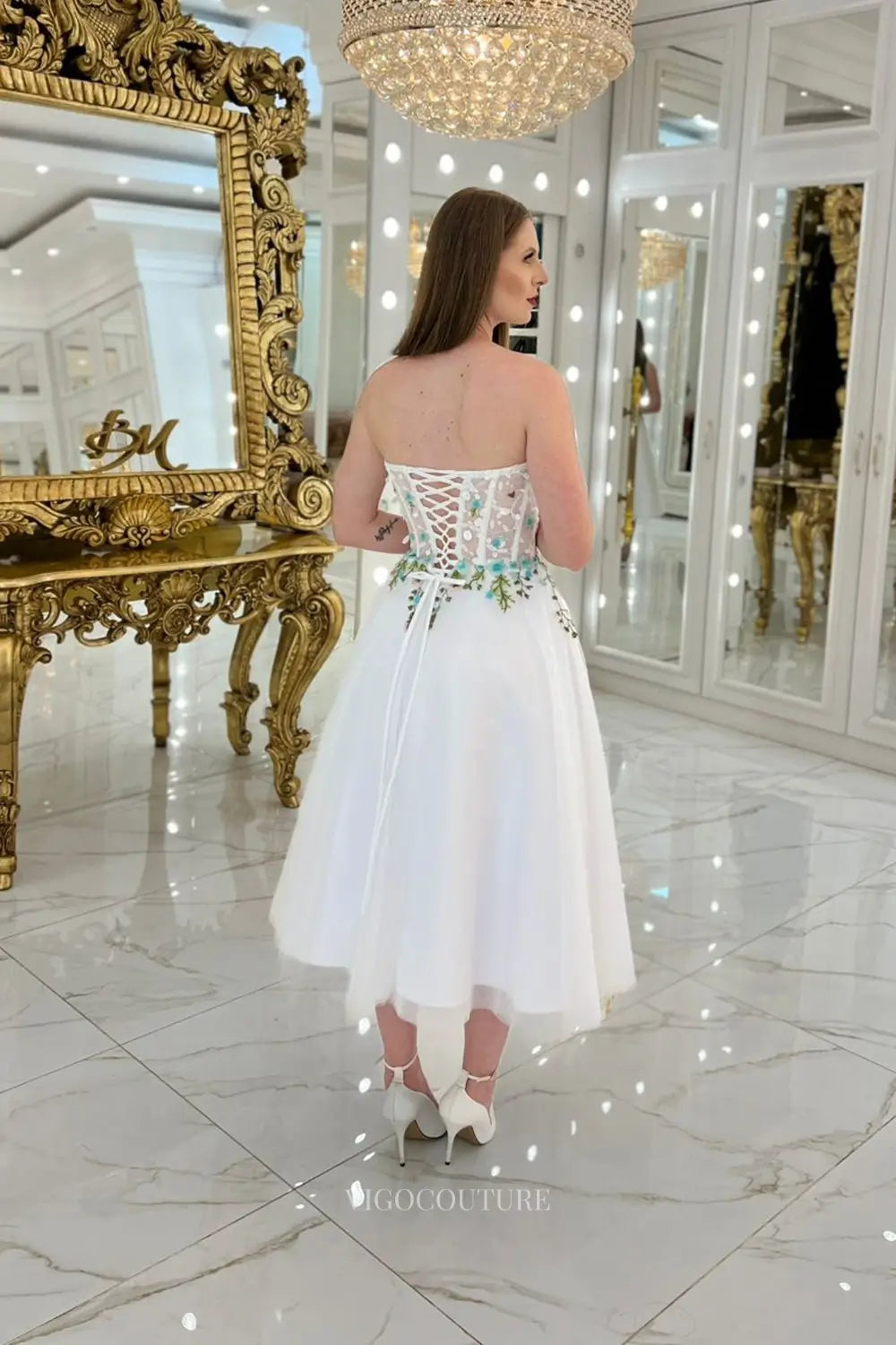 Wedding Dresses 2025 to impress Whimsical Floral Embroidered Short Wedding Dress with Sweetheart Neckline & Sheer Corset Bodice – W2645-vigocouture-vigocouture