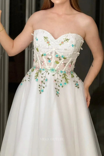 Wedding Dresses 2025 to impress Whimsical Floral Embroidered Short Wedding Dress with Sweetheart Neckline & Sheer Corset Bodice – W2645-vigocouture-vigocouture