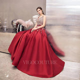 Prom Dress 2025 A-line Beaded With Pockets Satin Prom Dresses 20027-unique elegant Prom Dresses-Red-US2-vigocouture