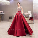 Prom Dress 2025 A-line Beaded With Pockets Satin Prom Dresses 20027-unique elegant Prom Dresses-Red-US2-vigocouture