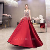 Prom Dress 2025 A-line Beaded With Pockets Satin Prom Dresses 20027-unique elegant Prom Dresses-Red-US2-vigocouture