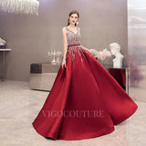 Prom Dress 2025 A-line Beaded With Pockets Satin Prom Dresses 20027-unique elegant Prom Dresses-Red-US2-vigocouture