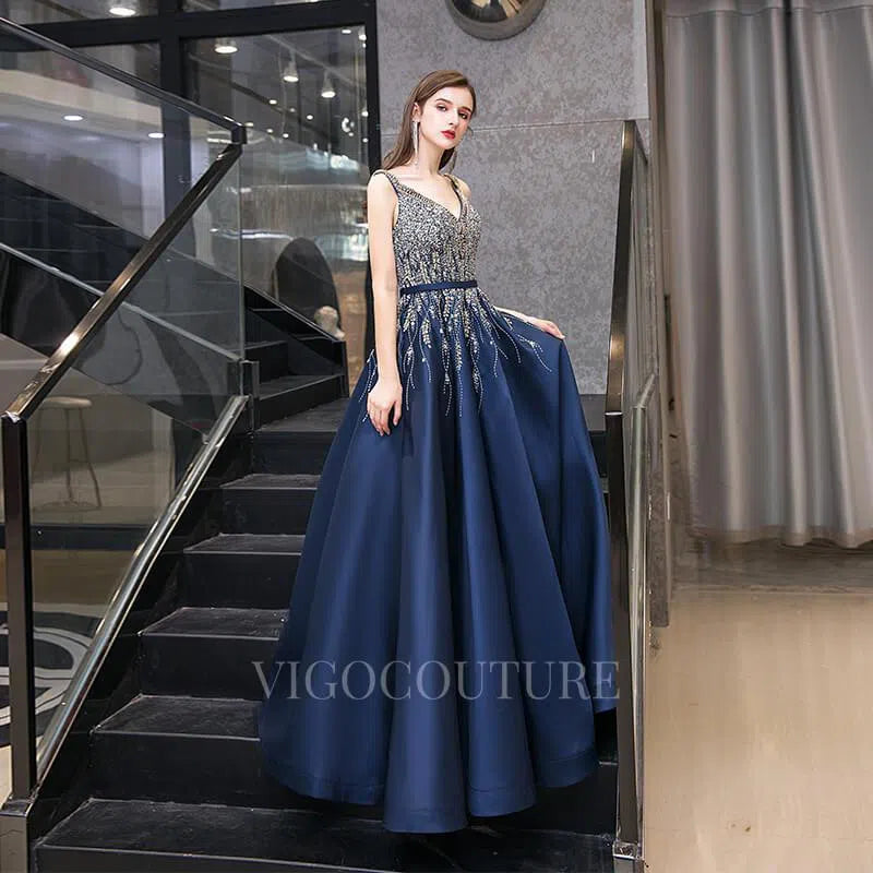 A-line Beaded With Pockets Satin Prom Dresses 20027 Blue / US16 A-line Beaded With Pockets Satin Prom Dresses 20027 Blue / US16