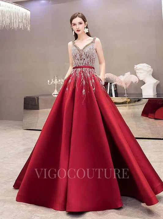 Prom Dress 2025 A-line Beaded With Pockets Satin Prom Dresses 20027-unique elegant Prom Dresses-Red-US2-vigocouture