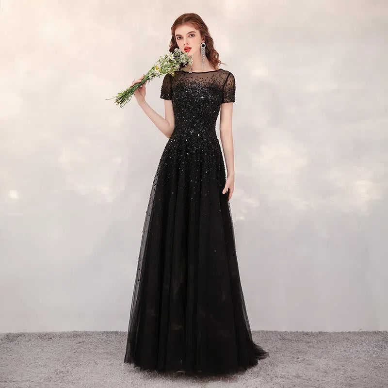 Prom Dress 2025 A-line Boatneck Beaded Prom Dresses 20041-unique elegant Prom Dresses-Black-US2-vigocouture