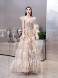 A-line Boatneck Prom Dresses Feather Beaded Evening Dresses 20070