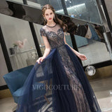 Prom Dress 2025 A-line Round Neck Beaded Prom Dresses 20019-unique elegant Prom Dresses-Navy Blue-US2-vigocouture