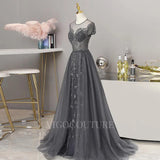 Prom Dress 2025 A-line Round Neck Beaded Prom Dresses 20019-unique elegant Prom Dresses-Navy Blue-US2-vigocouture