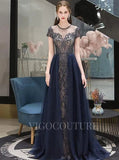 Prom Dress 2025 A-line Round Neck Beaded Prom Dresses 20019-unique elegant Prom Dresses-Navy Blue-US2-vigocouture