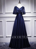 Prom Dress 2025 A-line Satin Evening Dress Lace V-Neck Prom Dress 20278-unique elegant Prom Dresses-Navy Blue-US2-vigocouture