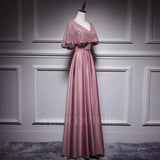 Prom Dress 2025 A-line Satin Evening Dress Lace V-Neck Prom Dress 20278-unique elegant Prom Dresses-Pink-US2-vigocouture