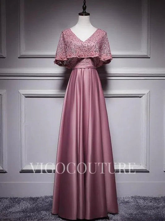 Prom Dress 2025 A-line Satin Evening Dress Lace V-Neck Prom Dress 20278-unique elegant Prom Dresses-Pink-US2-vigocouture