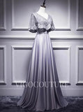 Prom Dress 2025 A-line Satin Evening Dress Lace V-Neck Prom Dress 20278-unique elegant Prom Dresses-Silver-US2-vigocouture