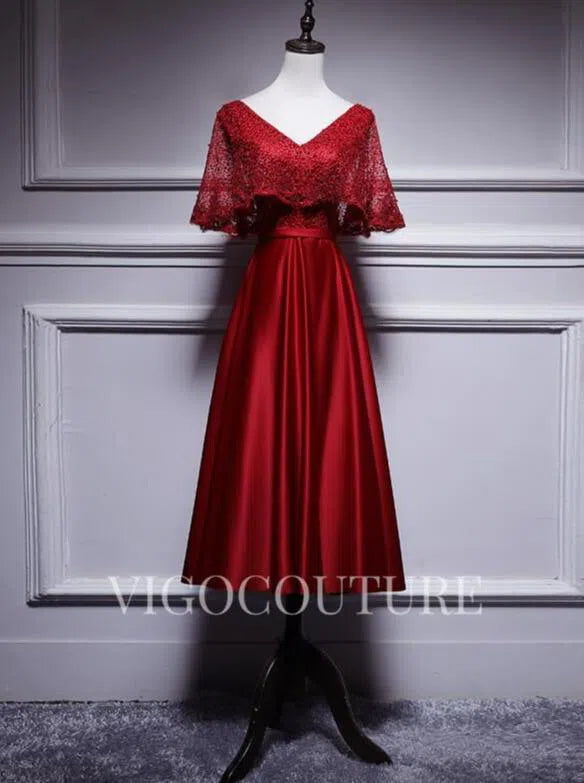 A-line Satin Evening Dress Mid-length Lace V-Neck Prom Dress 20278 - Red / US2 A-line Satin Evening Dress Mid-length Lace V-Neck Prom Dress 20278 - Red / US2