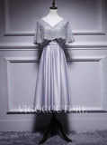 Prom Dress 2025 A-line Satin Evening Dress Mid-length Lace V-Neck Prom Dress 20278-unique elegant Prom Dresses-Silver-US2-vigocouture