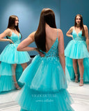 Aqua High-Low Prom Dresses Lace Applique Spaghetti Strap Formal Gown 21982